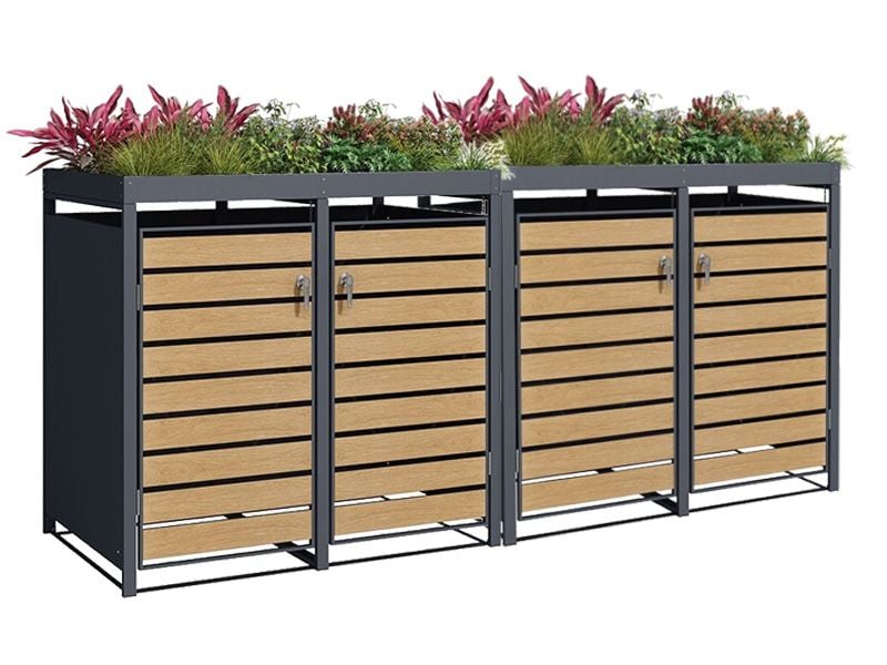 Galvanized Steel Wheelie Bin Cover with Planters - Quad Set