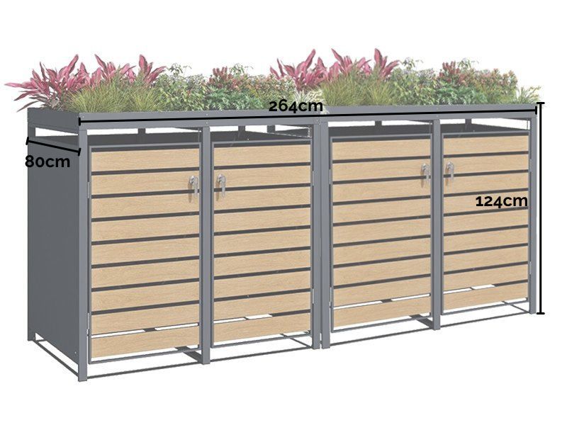 Galvanized Steel Wheelie Bin Cover with Planters - Quad Set